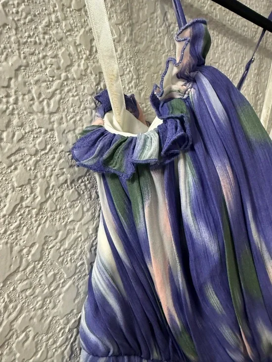 Purple Blue Abstract Print Dress | Flowy Fit & Flare Mini | 100% Silk | Size 8 - Picture 8 of 16